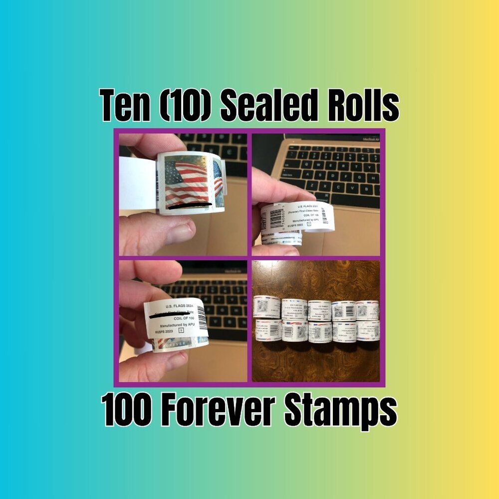 10 Sealed Rolls of Genuine USPS Forever Stamps (1,000 stamps total)Free Shipping